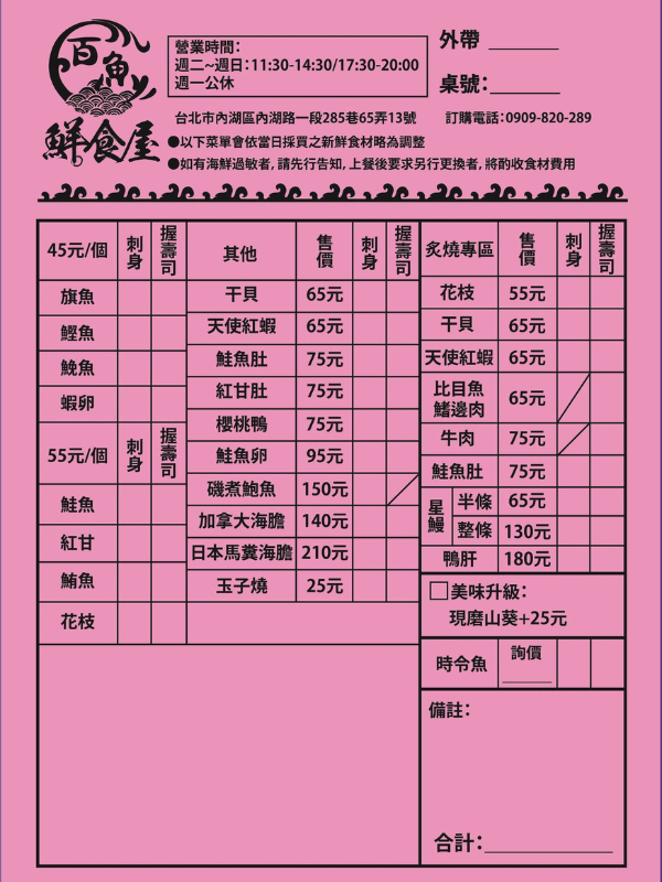台北西湖站美食推薦：百魚鮮食屋菜單。（圖／取自百魚鮮食屋臉書粉絲專頁）